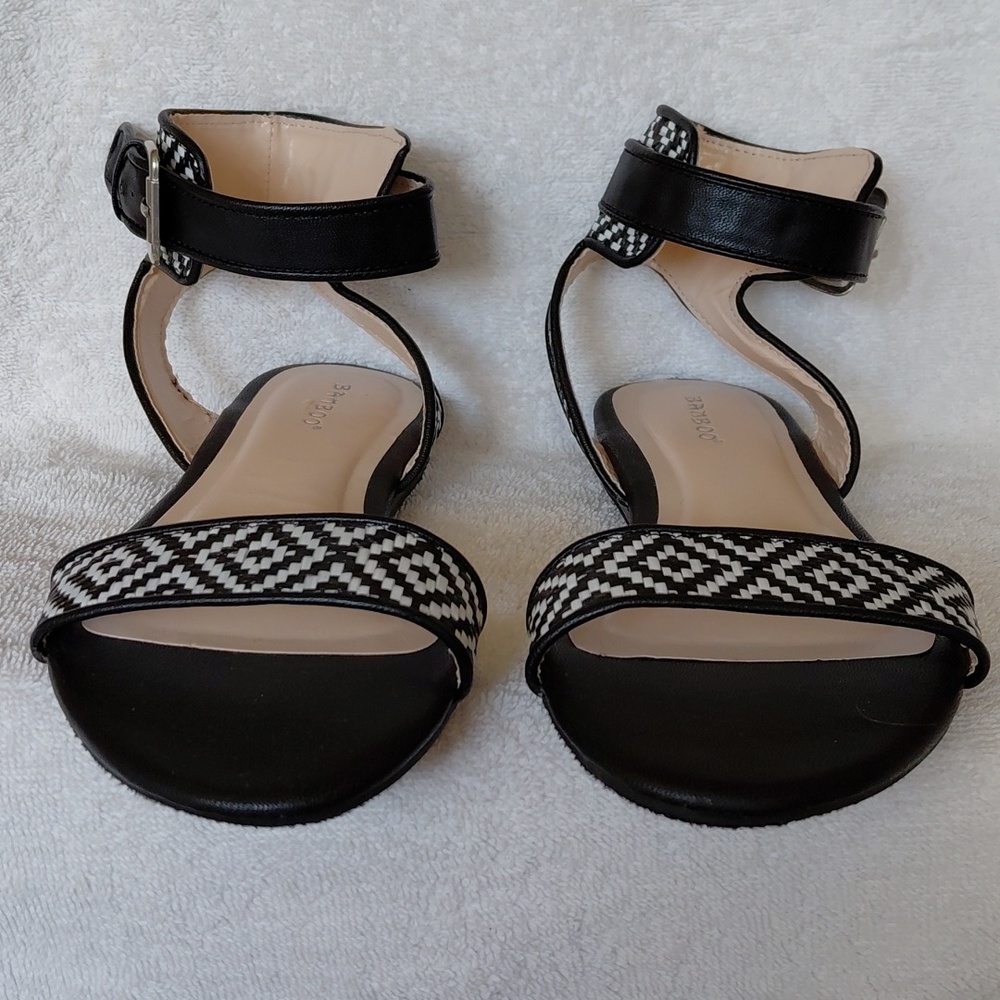 BAMBOO Black & White Geometric Ankle Strap Sandals